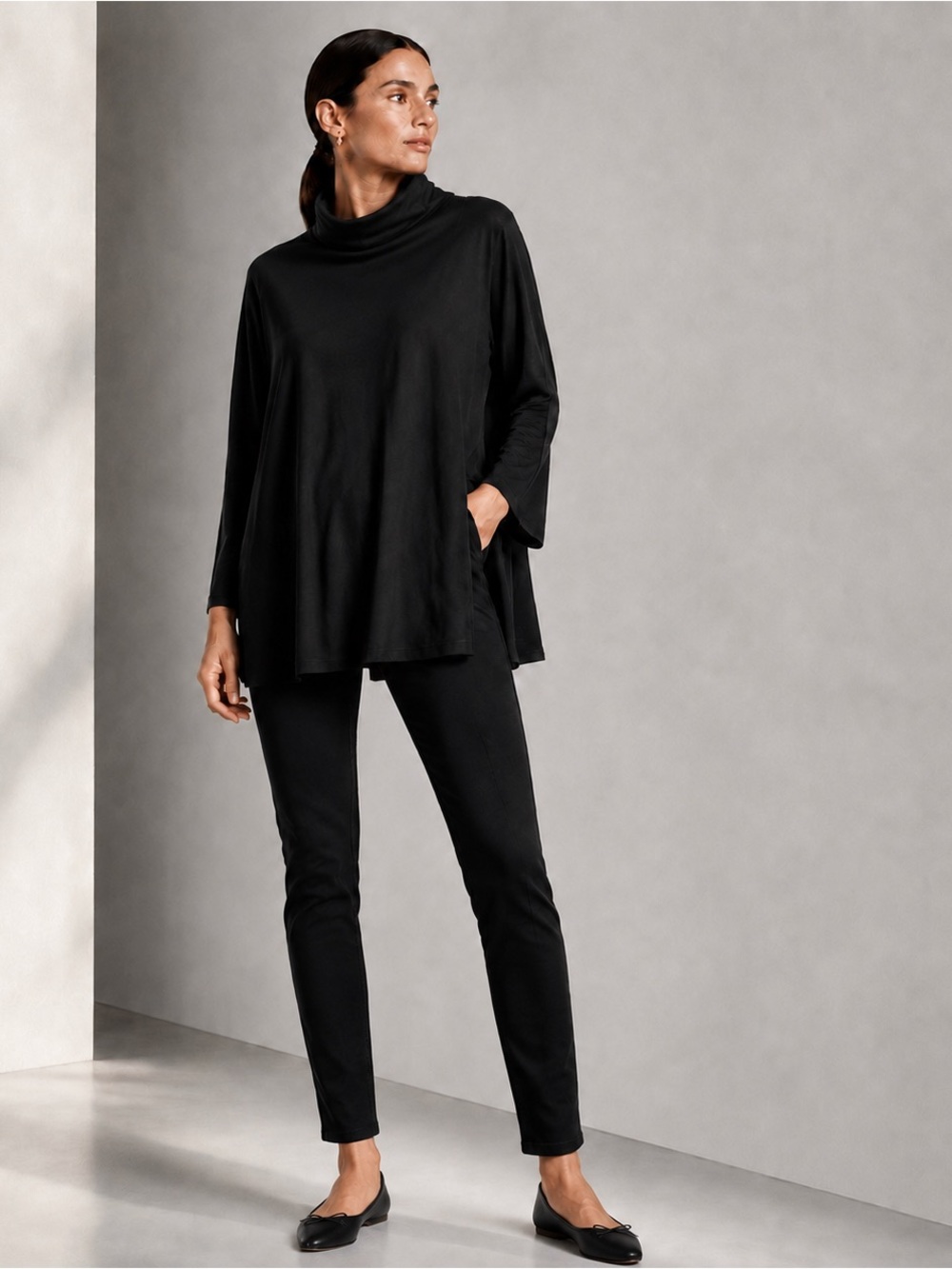 EILEEN FISHER BLACK FUNNEL NECK ORGANIC LONG SLEEVE BUSINESS CASUAL TOP SZ L